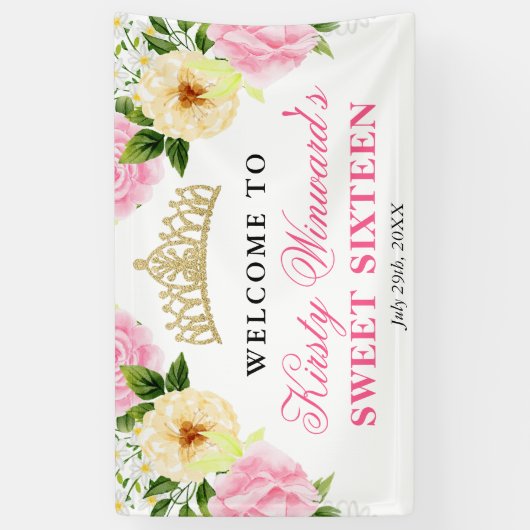 Roze & Gele Bloemen Welkom Sweet Sixteen Spandoek (Verticaal)
