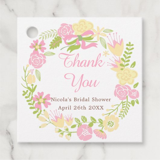 Roze & Gele Bloemenkrans Bruidsdouche Bedankjes Labels (Voorkant)