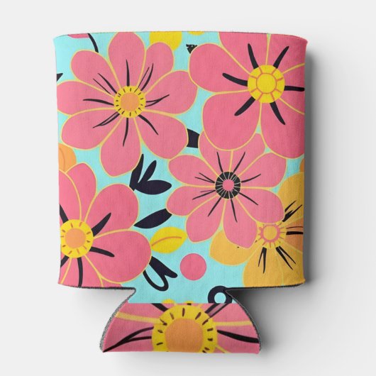 Roze & Gele Bloesems op Sky Blue-Dopamine Style Blikjeskoeler (Achterkant)