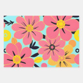 Roze & Gele Bloesems op Sky Blue – Dopamine Style Inpakpapier Vel (Voorkant)