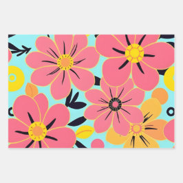 Roze & Gele Bloesems op Sky Blue – Dopamine Style Inpakpapier Vel