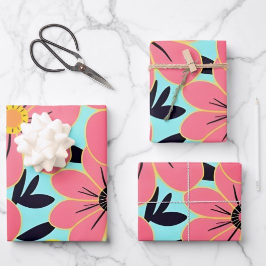 Roze & Gele Bloesems op Sky Blue – Dopamine Style Inpakpapier Vel (Voorkant)