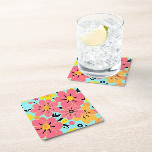 Roze & Gele Bloesems op Sky Blue-Dopamine Style Kartonnen Onderzetters (Insitu)