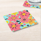 Roze & Gele Bloesems op Sky Blue-Dopamine Style Kartonnen Onderzetters (Schuin)