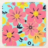 Roze & Gele Bloesems op Sky Blue-Dopamine Style Kartonnen Onderzetters (Voorkant)