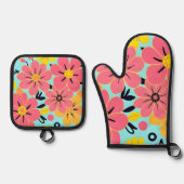 Roze & Gele Bloesems op Sky Blue-Dopamine Style Ovenwant & Pannenlap Set (Voorkant)