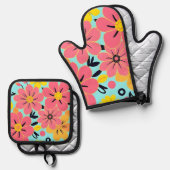 Roze & Gele Bloesems op Sky Blue-Dopamine Style Ovenwant & Pannenlap Set (Voorkant / Achterkant)