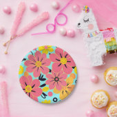 Roze & Gele Bloesems op Sky Blue – Dopamine Style Papieren Bordje (Feest)