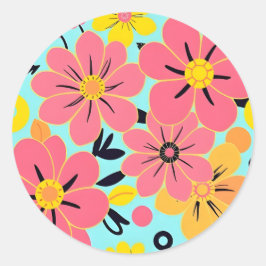 Roze & Gele Bloesems op Sky Blue – Dopamine Style Ronde Sticker