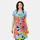 Roze & Gele Bloesems op Sky Blue-Dopamine Style Schort (Gedragen)