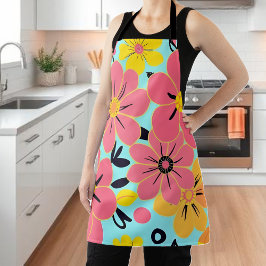 Roze & Gele Bloesems op Sky Blue-Dopamine Style Schort