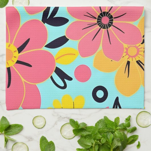 Roze & Gele Bloesems op Sky Blue-Dopamine Style Theedoek (Gevouwen)