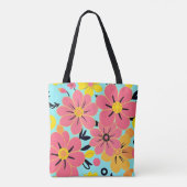 Roze & Gele Bloesems op Sky Blue-Dopamine Style Tote Bag (Achterkant)