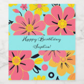 Roze & Gele Bloesems op Sky Blue – Dopamine Style Wijn Etiket (Enkel label)