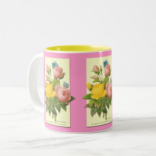 Roze gele  botanische Rozen Koffiebeker Tweekleurige Koffiemok (Voorkant links)