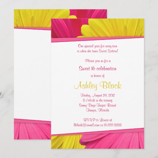 Roze gele Daisy Sweet 16 Birthday Uitnodiging (Voorkant / Achterkant)