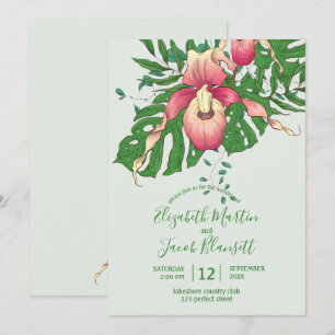 Roze/gele dame Slipper Orchid Green Wedding Kaart