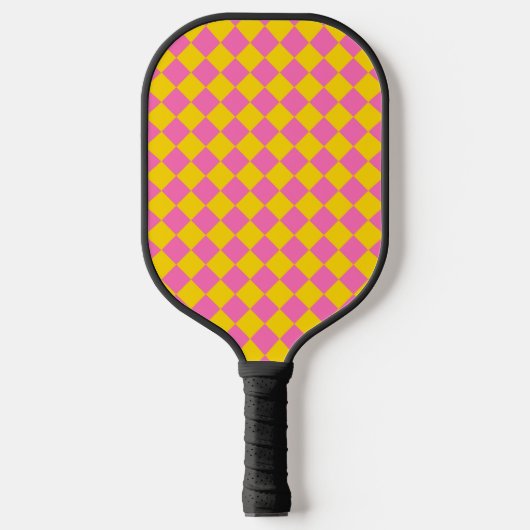 Roze Gele Diamant Harlekijn Schachbrett Motief Pickleball Paddle (Voorkant)