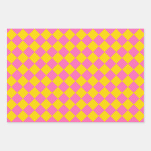 Roze Gele Diamant Harlequin Checker Patroon Inpakpapier Vel