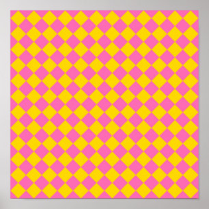 Roze Gele Diamant Harlequin Checker Patroon Poster