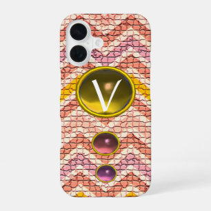 ROZE GELE EDELSTENEN EN MOZAÏEK CHEVRONS MONOGRAM iPhone 16 HOESJE