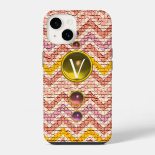 ROZE GELE EDELSTENEN EN MOZAÏEK CHEVRONS MONOGRAM iPhone 14 HOESJE