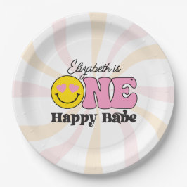 Roze Gele Eén Gelukkig Baby Eerste Verjaardag Papieren Bordje