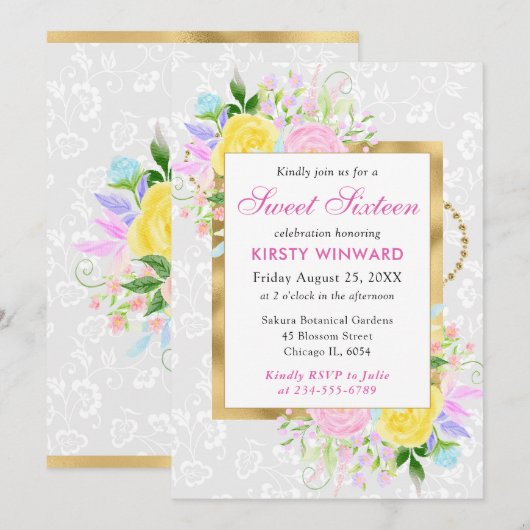 Roze, gele en blauwe bloemen goud Sweet 16 Kaart (Voorkant / Achterkant)