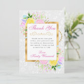 Roze, Gele en Blauwe Bloemen Gouden Quinceanera Bedankkaart (Staand voorkant)