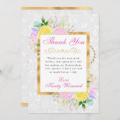 Roze, Gele en Blauwe Bloemen Gouden Quinceanera Bedankkaart (Voorkant / Achterkant)