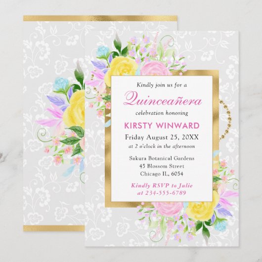 Roze, Gele en Blauwe Bloemen Gouden Quinceanera Kaart (Voorkant / Achterkant)