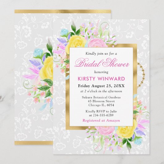 Roze, Gele en Blauwe Bloemen Gouden Vrijgezellenfe Kaart (Voorkant / Achterkant)