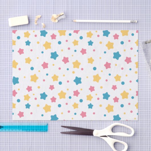Roze, Gele, en Blauwe Sterren op Wit Patroon Tissuepapier (Craft)