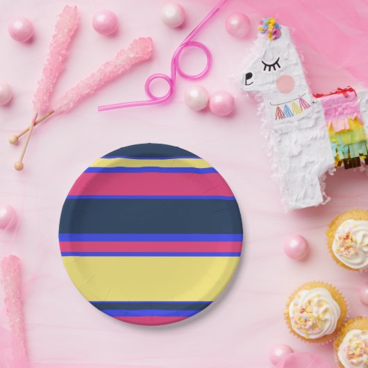 Roze, gele en blauwe strepen papieren bordje (Feest)