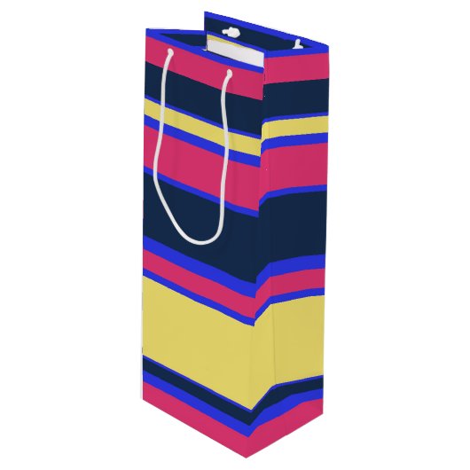 Roze, gele en blauwe strepen wijn cadeautas (Voorkant Gekanteld)