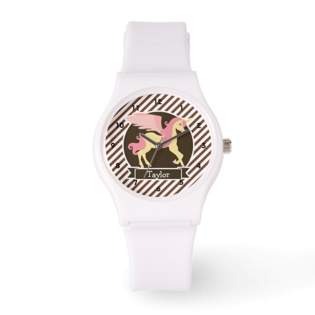 Roze & Gele Fantasie Eenhoorn; Bruine Witte Strepe Horloge (Voorkant)