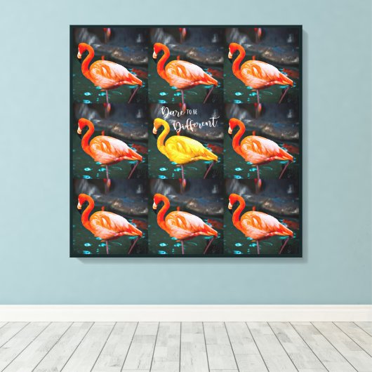 Roze gele Flamingo Bird Photo Pattern Dare Quote Canvas Afdruk (Insitu (Houten vloer))