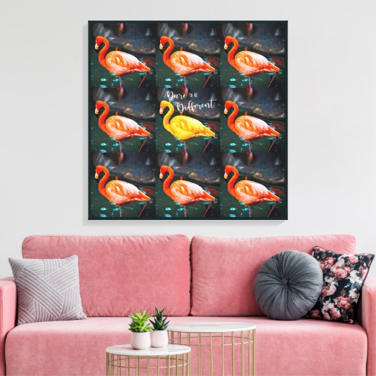 Roze gele Flamingo Bird Photo Pattern Dare Quote Canvas Afdruk (Insitu (Woonkamer))
