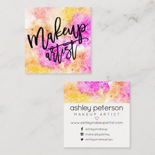 Roze gele florale waterverf vierkante visitekaartje (Voorkant / Achterkant)