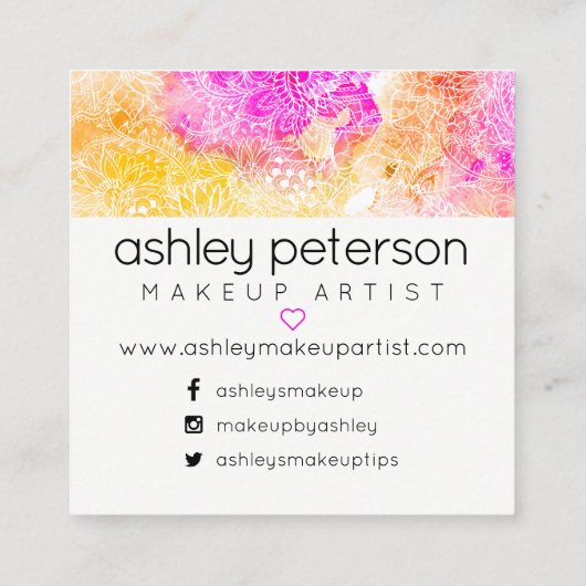 Roze gele florale waterverf vierkante visitekaartje (Achterkant)