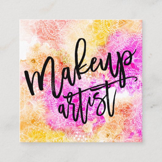 Roze gele florale waterverf vierkante visitekaartje (Voorkant)