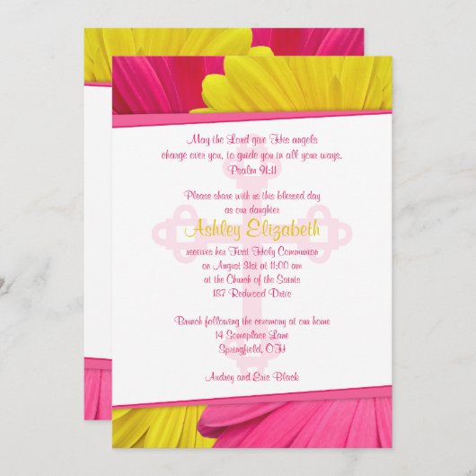 Roze gele Gerber Daisy 1e communiqué uitnodiging (Voorkant / Achterkant)