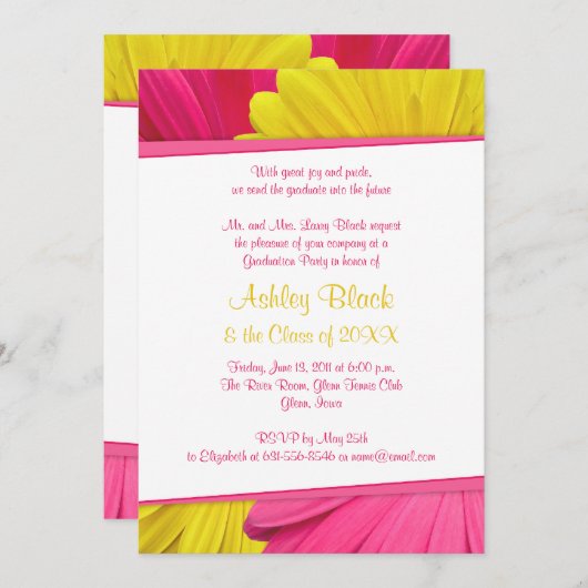 Roze gele Gerber Daisy Afstuderen Uitnodiging (Voorkant / Achterkant)