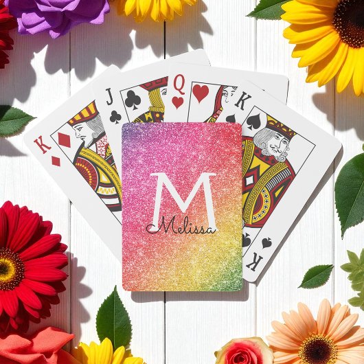 Roze gele glitter Sparkle Gold Monogram Pokerkaarten