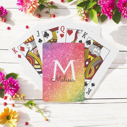 Roze gele glitter Sparkle Gold Monogram Pokerkaarten