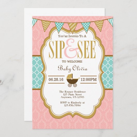 Roze, gele goudkleurig silicium en zie uitnodiging (Voorkant / Achterkant)