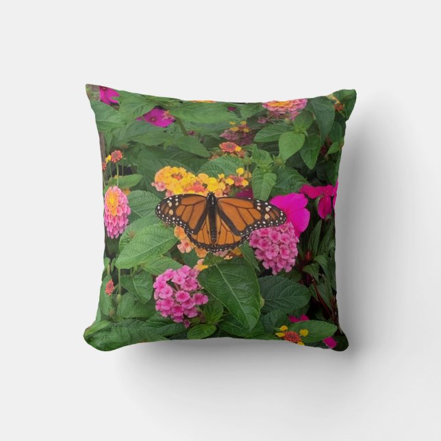 Roze gele groene Floral met Butterfly Lantana Kussen (Voorkant)
