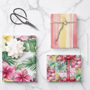 Roze Gele Hibiscus Bloemen Strikken Strepen Verjaa Inpakpapier Vel