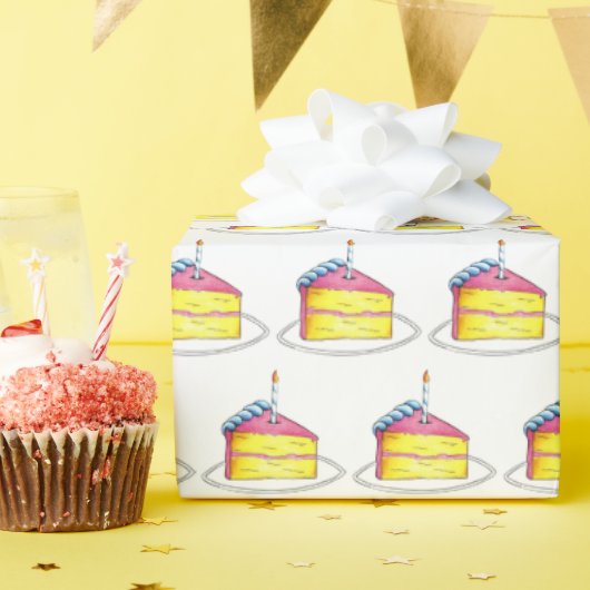 Roze gele laag Happy Birthday Cake Slice Candle Cadeaupapier (Verjaardagsfeest)