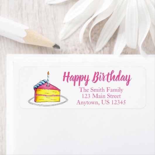 Roze gele laag Happy Birthday Cake Slice Candle Etiket (Insitu)